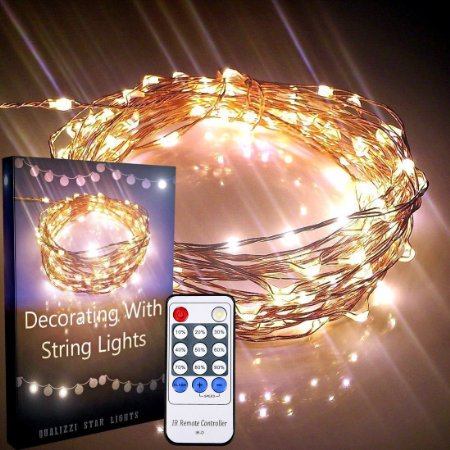 Qualizzi® Starry Lights 20 Feet 120 LED Warm White Dimmable String Light. Lights Twinkle or Fade. Fairy or Flashing Effects. Remote Control Plus E-book. 110/220v Pw Adaptor