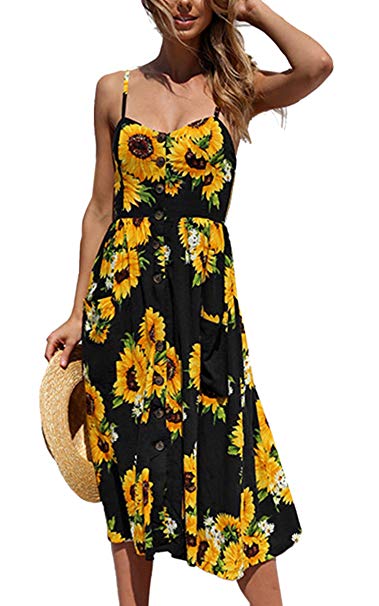 Angashion Women's Dresses-Summer Floral Bohemian Spaghetti Strap Button Down Swing Midi Dress with Pockets