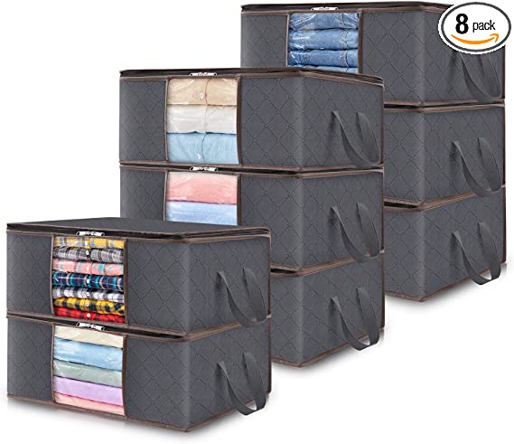 Lifewit 8-Pack Clothes Storage Bag, Foldable Storage Bins Closet Organizer with Reinforced Handle, Storage Containers With Sturdy Fabric Clear Window for Towel, Sweater, T-shirts, Toys, 35L, Grey