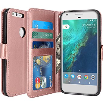 Google Pixel Case, LK Luxury PU Leather Wallet Flip Protective Cases Cover with Card Slots & Stand (Rose Gold)