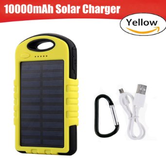 Solar Charger 10000mAh Portable SolarPowerBankCharger with Flashlight Waterproof Shockproof Dual USB Port Solar Battery Charger for Cell Phone iPhone 6 6s Plus Samsung S5 S6 S7 Note 4 5Yellow