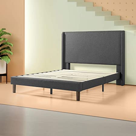 Zinus - Marcus - Upholstered Wingback Platform Bed / Mattress Foundation / Easy Assembly / Strong Wood Slat Support, Queen