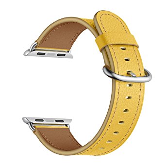LoveBlue For Apple Watch Series 3/Series 2/Series 1 Band,Single Tour Apple Watch Leather Band, Genuine Leather Band Bracelet Wrist Watch Band with Adapter for Apple Iwatch (38mm-Yellow)