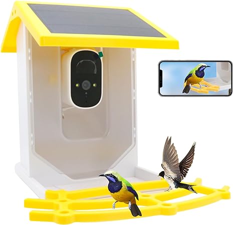 Bird Feeder with Camera, Gookit Smart AI Identify 12000  Bird 1920HD Outdoor WiFi Solar Camera, Fully Color Night Watching Birds, Auto Capture Bird Videos with 32G Card(Yellow)