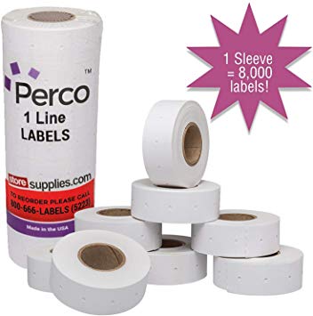 Perco 1 Line White Labels - 1 Sleeve, 8,000 Blank Price & Date Gun Labels for Perco 1 Line Price and Date Guns - Bonus Ink Roll