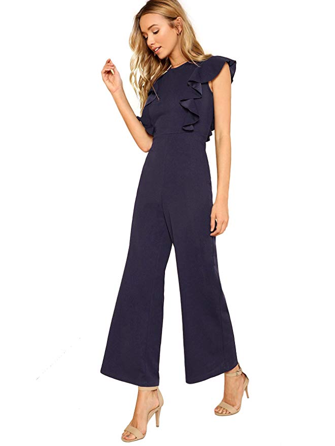 Romwe Women's Sexy Casual Sleeveless Ruffle Trim Wide Leg High Waist Long Jumpsuit