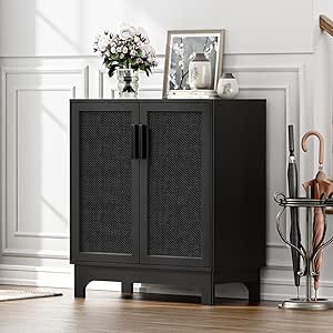 Anmytek Black Rattan Cabinet,Natural Rattan Sideboard Storage Cabinet with 2 Doors Adjustable Shelf Large Space, Entryway Hallway Cabinet Sideboard Buffet for Kitchen