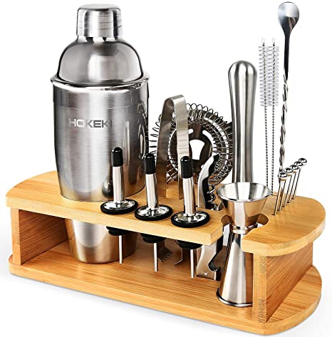 Cocktail Shaker Set with All Accessories, HOKEKI Bar Tool Bartender Kit with 24 oz Stainless Steel Martini Mixer,Bamboo Stand for Drink Mixing,Home,Bar,Party, 18pcs