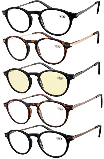 EYECEDAR 5-Pack Reading Glasses Men Women Metal Spring Hinges Vintage Style Round Frames Include 5-Linen Cloth Pouch And Computer Readers glasses  1.00