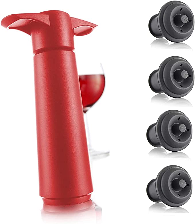 The Original Vacu Vin Premium Wine Saver Airtight Sealer Keeps wine fresh for up to 10 days (Red, With 4 Stoppers)