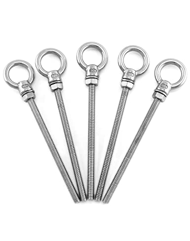 QWORK Threaded Eyebolts, 5 Pack 1/4" x 4" Long Stainless Steel Marine Grade Shoulder Eye Bolt