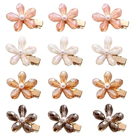 MIAO JIN 12Pcs Crystal Hair Clips Pearls Alligator Hairpins Small Mini Flower Hair Barrettes for Women's and Girls Hair Accessories