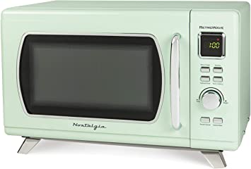 Nostalgia MCMO9FTSG Mid-Century Retro 0.9 Cu. Ft. 900-Watt Countertop Microwave Oven With LED Display, 5 Power Levels, 8 Cook Settings, Seafoam Green