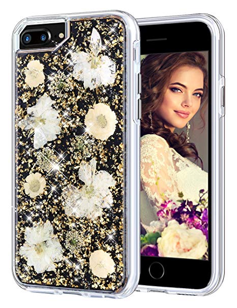 Coolden Case for iPhone 7/8 Plus, Luxury Glitter Case with Dried Natural Flower Cute Girly Durable Shockproof 2-Layers Solid PC Cover   Flexible TPU Frame for iPhone 6/6s/7/8 Plus 5.5”, Gold Flower