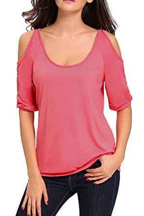 Astylish Womens Casual 3/4 Sleeve Scoop Neck Cold Shoulder Blouse Tops