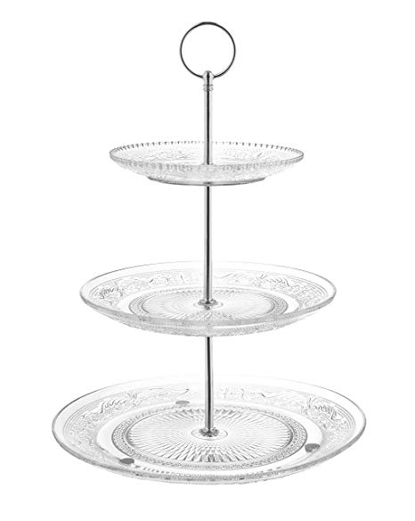 Fisher Home Products 3-Tiered Serving Stand (Glass) Beautiful, Elegant Dishware | Serve Snacks, Appetizers, Cakes, Candies | Durable, Reusable | Party or Holiday Hosting (SILVER)