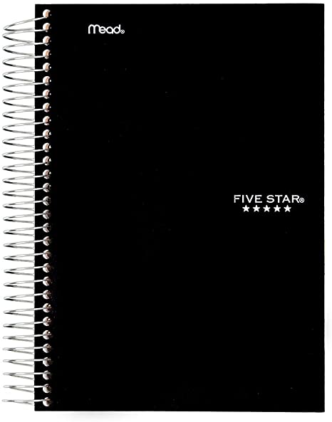 Five Star Spiral Notebook, 5 Subject, College Ruled Paper, 9-1/2" x 6", Black (73655)