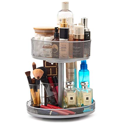 EZOWare 2-Tier Spinning Organizer, Multifunctional Tall & Deep Round Metal Mesh Deep Lazy Susan Turntable Storage Rotating Tray for Bathroom Vanity Kitchen Cabinet Countertop - Silver