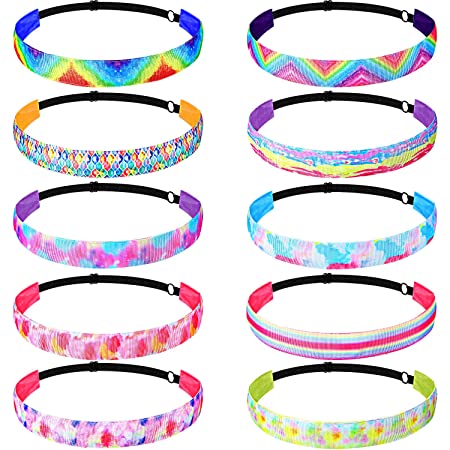 10 Pieces Tie Dye Headbands Non-Slip Mermaid Headband Adjustable Rainbow Hair Bands Elastic Printed Sport Head Bands for Women Girls