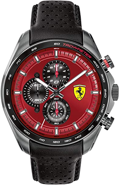 Ferrari Men's SPEEDRACER Stainless Steel Quartz Watch with Leather Calfskin Strap, Black, 22.5 (Model: 0830650)