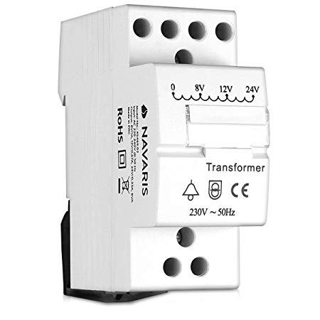 Navaris Door Bell Transformer 8V 12V 24V - for Wired Doorbell Chimes - DIN Rail Mountable 8VA 230V Mains Converter 8/12/24 Volts Output - White