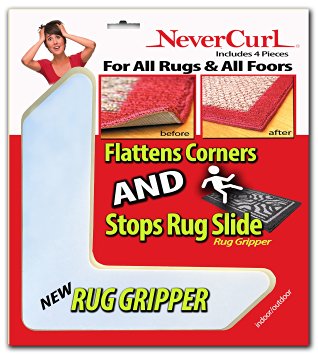 Rug Gripper with NeverCurl - Instantly Flattens Rug Corners AND Stops Rug Slipping. Uses Renewable Sticky Gel. 4 Pieces. Patent Pending by NeverCurl