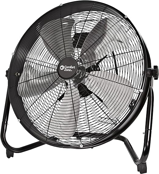 Comfort Zone 20” 3-Speed High-Velocity Slim Industrial Drum Fan, All-Metal Construction, 180-Degree Locking Adjustable Tilt, 5-Aluminum Blades, Carry Handle, Ideal for Garage or Workshop, CZHV20S