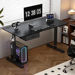 mcc direct Electric Standing Desk, Sit Stand Table, Height Adjustable Electric Standing Computer Desk with USB Charging Port and Desk Drawer for Home Office(140 X 70 cm, Black)-Easton