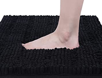 Olanly Extra Thick Luxury Striped Shaggy Chenille Bath Mat, Fluffy Non-Slip Washable Absorbent Bathroom Rug for Laundry Room, Kitchen Floors 20" x 32", Black