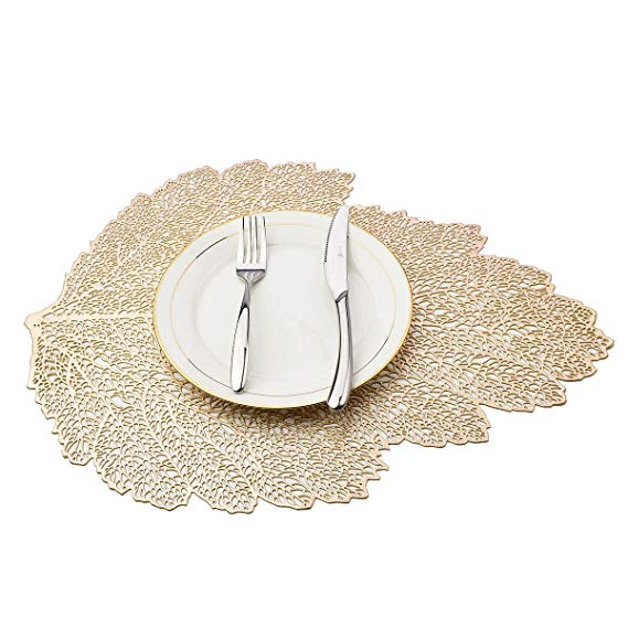 MLADEN Hollowed-Out Leaf Placemats,Heat Insulation Pad Washable PVC Table Mats,Non-Slip Place mats Table Decoration Set of 4 (Gold)