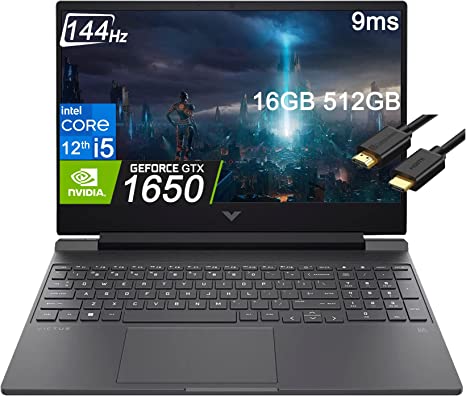 HP Victus 15 Gaming Laptop 15.6" FHD 144Hz IPS (Intel 12th Gen i5-12450H (Beats i7 10750H, 16GB RAM, 512GB PCIe SSD, GeForce GTX 1650 4GB) Backlit Keyboard, Type-C, IST Computers Cable, Win 11 Home