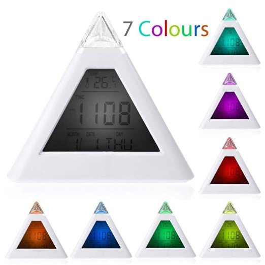Digital Alarm Clock Triangle Pyramid 7 Color Display Light-activated with Date and Temperature Clock Radios