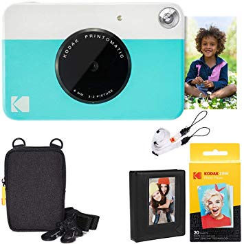 Kodak Printomatic Instant Camera (Blue) Deluxe Bundle   Zink Paper (20 Sheets)   Deluxe Case   Photo Album   Hanging Frames   Comfortable Neck Strap