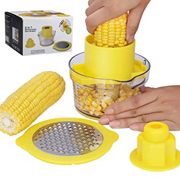 Beaverve Corn Stripper, 4 in 1 Corn Shucker Tool Corn Holder, Corn Stripping Tool Corn Cutter & Remover with Built-In Measuring Cup Grater, Corn Kernel Remover Ginger Grater, No Electricity No Noise