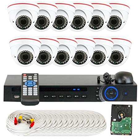 GW Security VD16C12CH891CVI 16-Channel 1080p Preview 720p Realtime Varifocal Zoom Night Vision Dome Security Camera DVR System with 3TB Hard Drive (White)