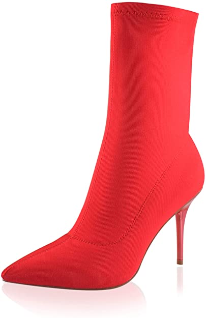 vivianly Stretch Pointed Toe Sock Booties Mid-Calf Ankle Boot Stiletto Heel Boots for Women