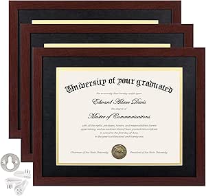 upsimples 11x14 Diploma Frame Certificate Degree Document Frame with High Definition Glass, 3 Pack Diploma Frames 8.5 x 11 with mat for Wall and Tabletop, Mahogany Double Mat