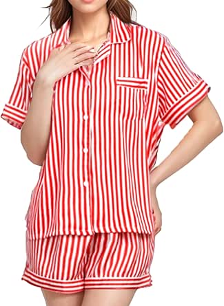 Womens Silk Satin Pajamas Set Short Sleeve Loungewear 2-Piece Sleepwear Button Down Polka Dot Pjs Set