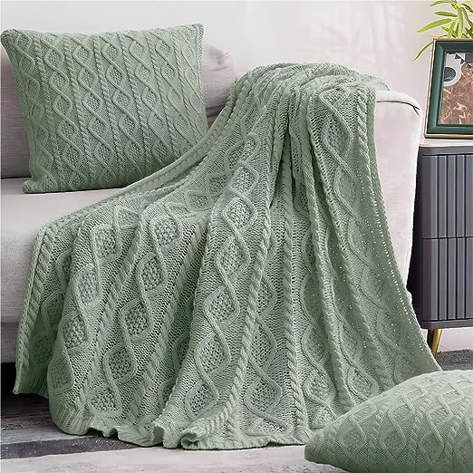 Homiest Sage Green Cable Knit Throw Blanket 60 x 80 Inch, Twin Lightweight Blanket Acrylic Knitted Throw Blanket with Diamond Texture, Soft & Cozy Blanket Decorative Throw Blanket for Couch Bed Sofa