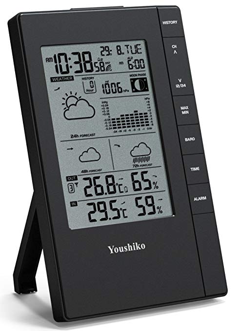 Youshiko 3 days forcast Weather Station Radio Controlled Clock (Official UK Version), Indoor Outdoor Temperature Thermometer, Humidity Ice Alert, Barometric Pressure, Graphical Moon Phase Display