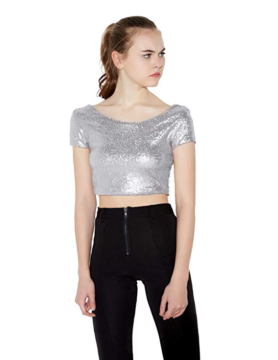 HaoDuoYi Womens Sparkly Sequin Crop Backless Pullover Sexy Club T Shirt