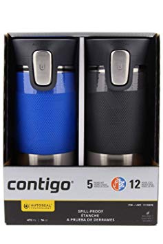 Contigo Autoseal Stainless Steel Spill-Proof Travel Mug, 473mL- Blue & Grey (2 Pack)