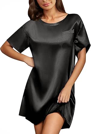 Ekouaer Silk Nightgowns for Women Satin Sleep Shirts Short Sleeve Sleepwear Round Neck Nightshirt With Chest Pocket S-2XL