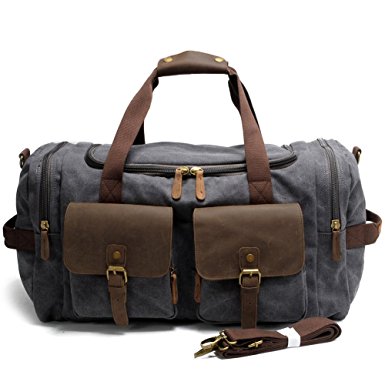 Canvas Duffle Bag Oversized Genuine Leather Trim Weekend Bags for Men and Women Unisex