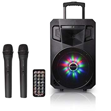 Portable Bluetooth PA Speaker with 2 Free Microphones, AM/FM Radio, 8" Subwoofer, LED Light Show Feature and USB Adapter