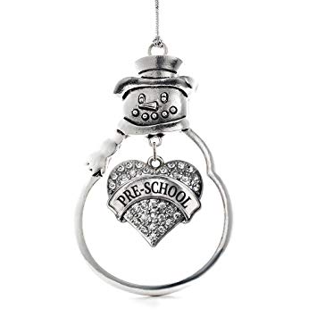 Inspired Silver - Pre-School Charm Ornament - Silver Pave Heart Charm Snowman Ornament with Cubic Zirconia Jewelry