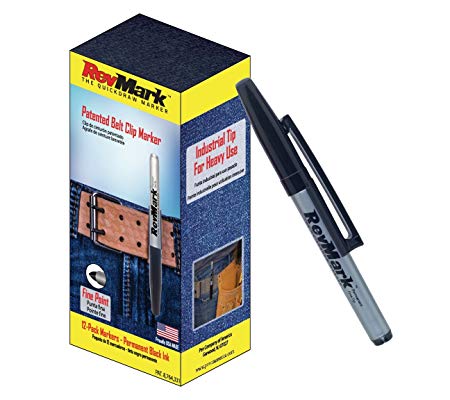 RevMark Industrial Permanent Marker with Patented Holster Cap, Fine Point, Black Ink, 12Pack, Made in the USA