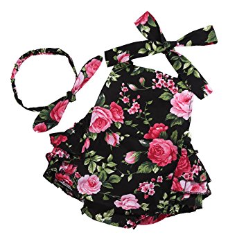 Fubin Baby Girl's Floral Print Ruffles Romper Summer Clothes with Headband