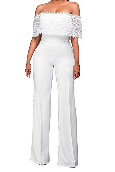 Halfword Womens Sexy Off Shoulder High Waisted Long Wide Leg Jumpsuits Rompers