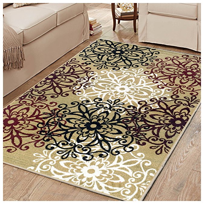 Superior Elegant Leigh Collection Area Rug, 8mm Pile Height with Jute Backing,  Chic Contemporary Floral Medallion Pattern, Anti-Static, Water-Repellent Rugs, 5' x 8' Rug, Gold